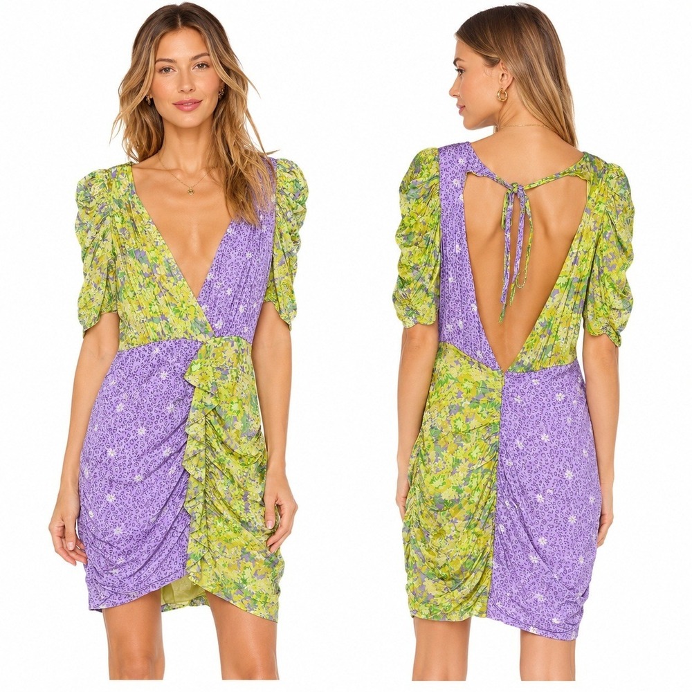 For Love & Lemons Mixed Floral Leopard Mini Dress Purple Lime Green Ruched SizeS